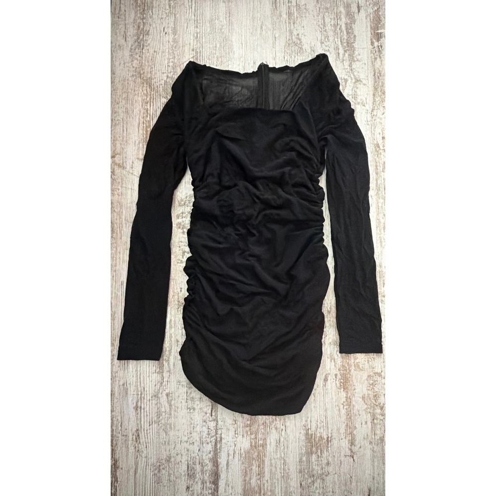 Vintage Retro Y2K Black Ruched Long Sleeve Mini Dress Sheer Mesh Back Large